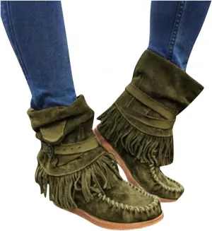 Gibobby Booties for Womens Mid Knee High Boots Low Heel Fringe Side Zipper Fashion Winter Shoes Cowboy Booties