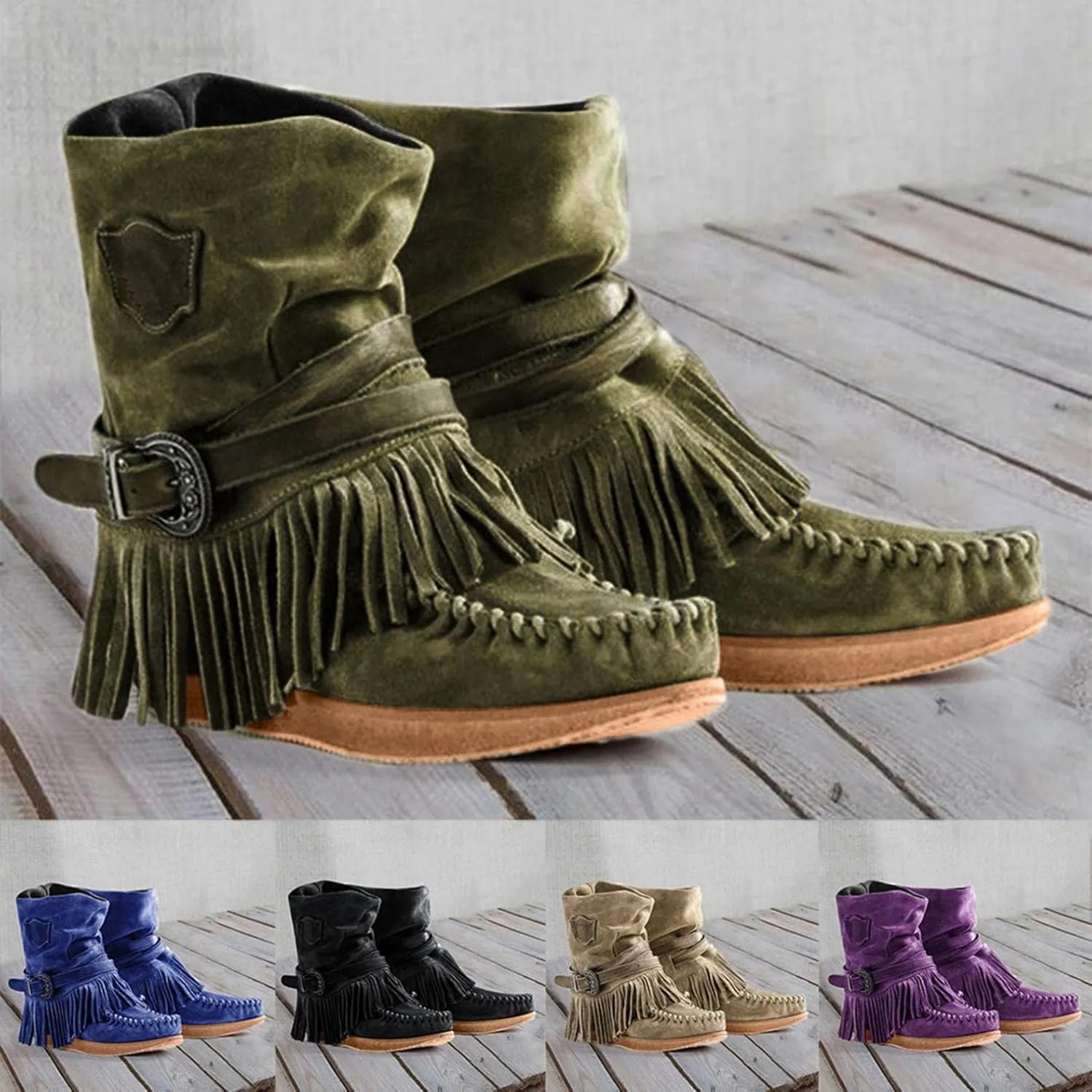 Gibobby Booties for Womens Mid Knee High Boots Low Heel Fringe Side Zipper Fashion Winter Shoes Cowboy Booties