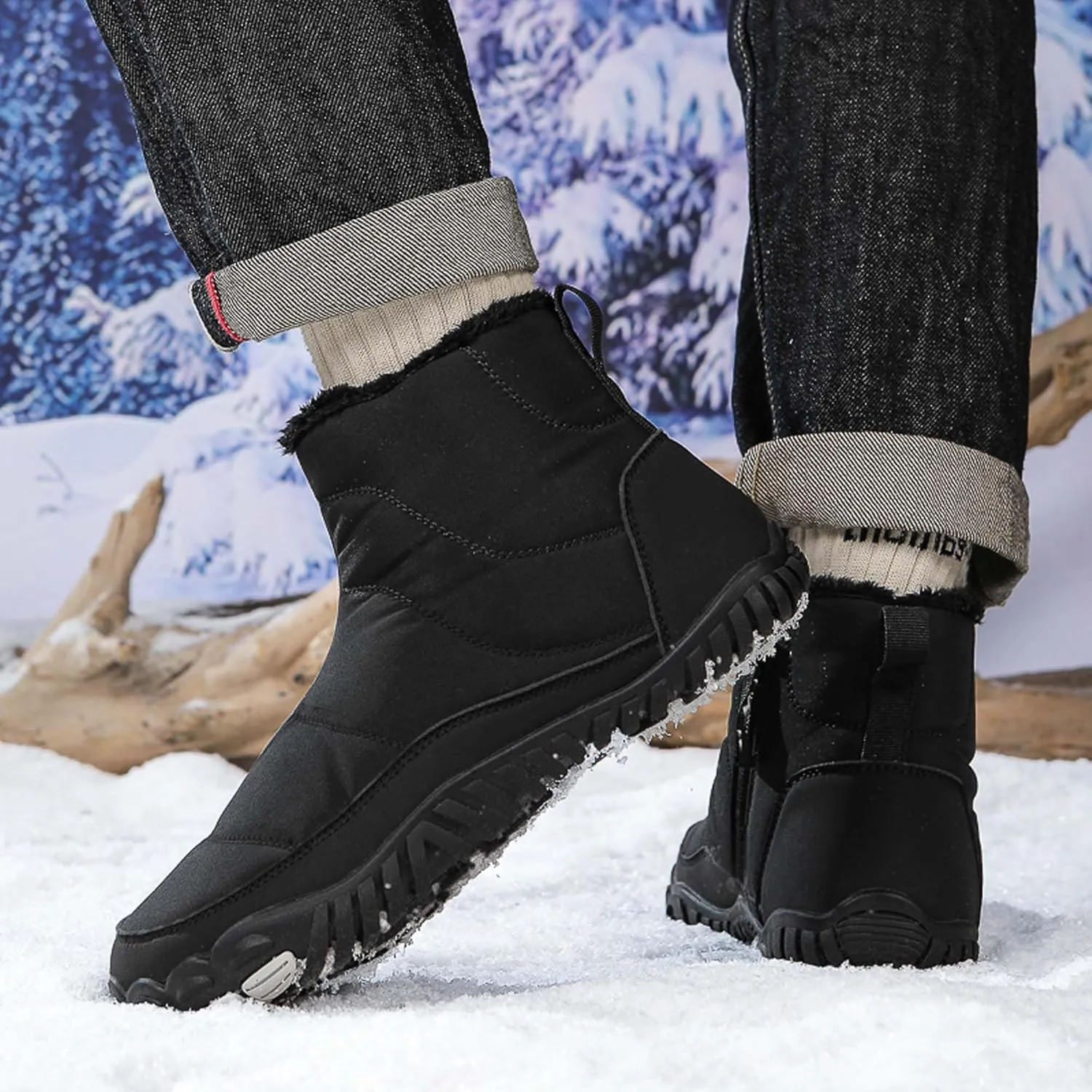 Men Women Winter Snow Boots Waterproof Barefoot Boots Fur Lining Warm Ankle Boots Anti Slip Barefoot Hiking Shoes Women Outdoor Winter Waterproof Boots