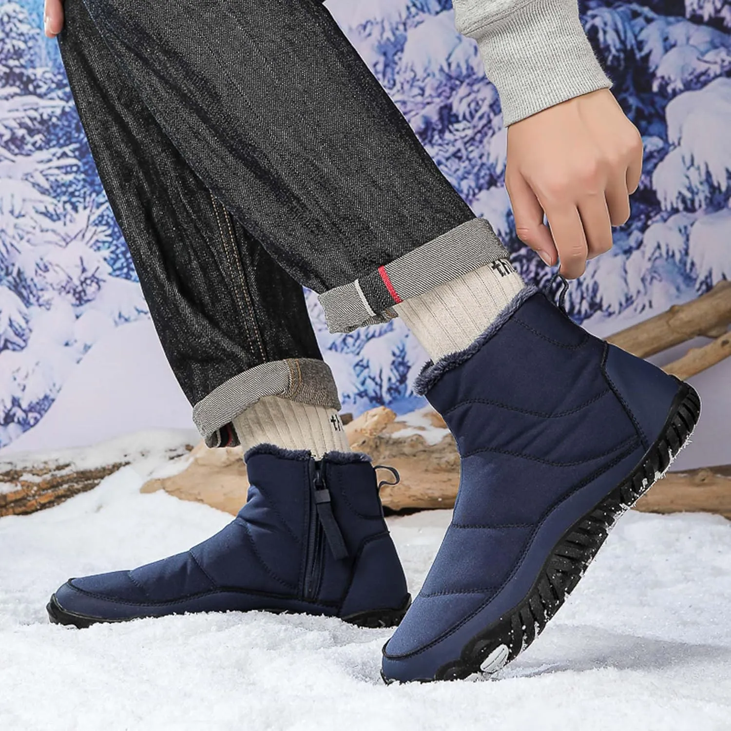 Men Women Winter Snow Boots Waterproof Barefoot Boots Fur Lining Warm Ankle Boots Anti Slip Barefoot Hiking Shoes Women Outdoor Winter Waterproof Boots