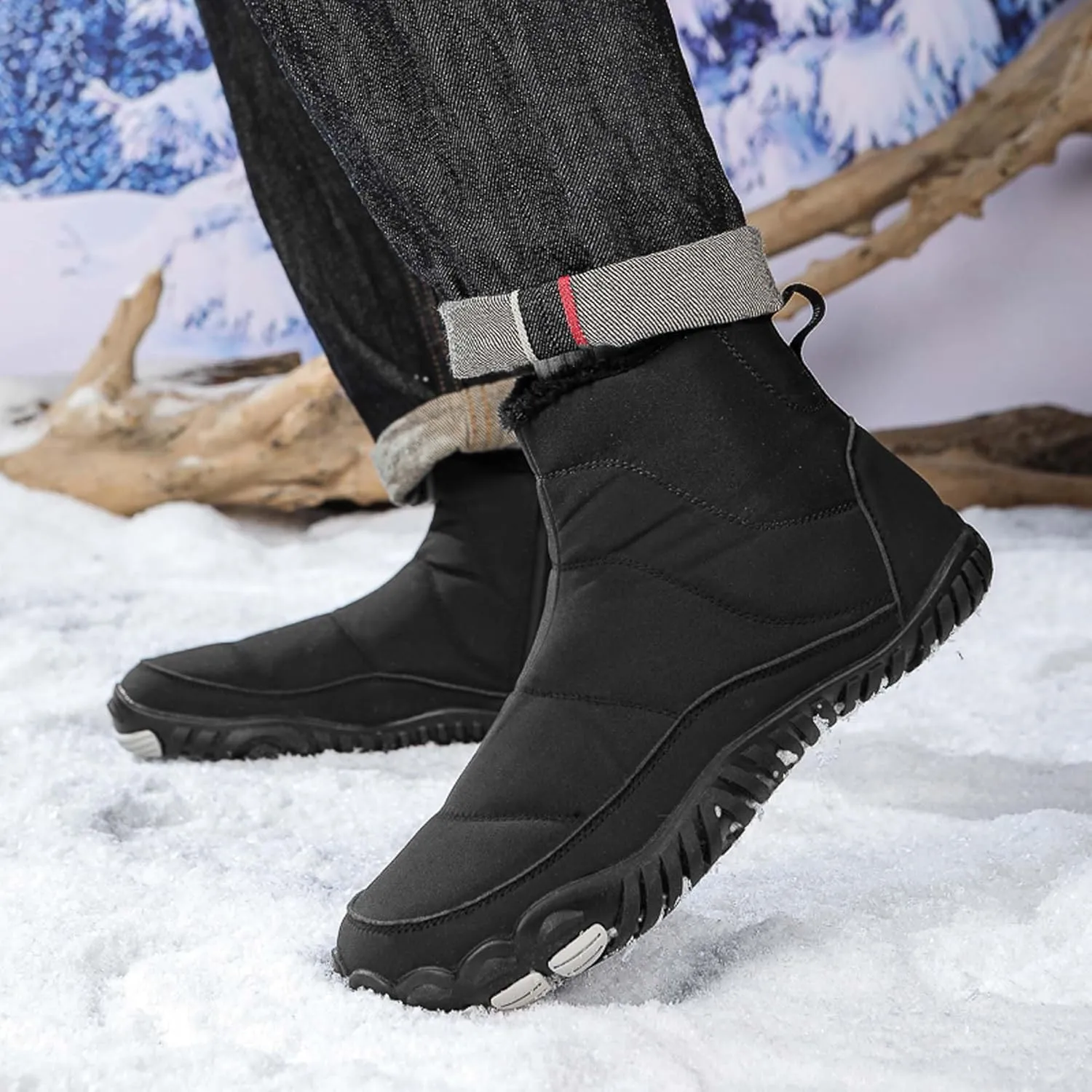 Men Women Winter Snow Boots Waterproof Barefoot Boots Fur Lining Warm Ankle Boots Anti Slip Barefoot Hiking Shoes Women Outdoor Winter Waterproof Boots