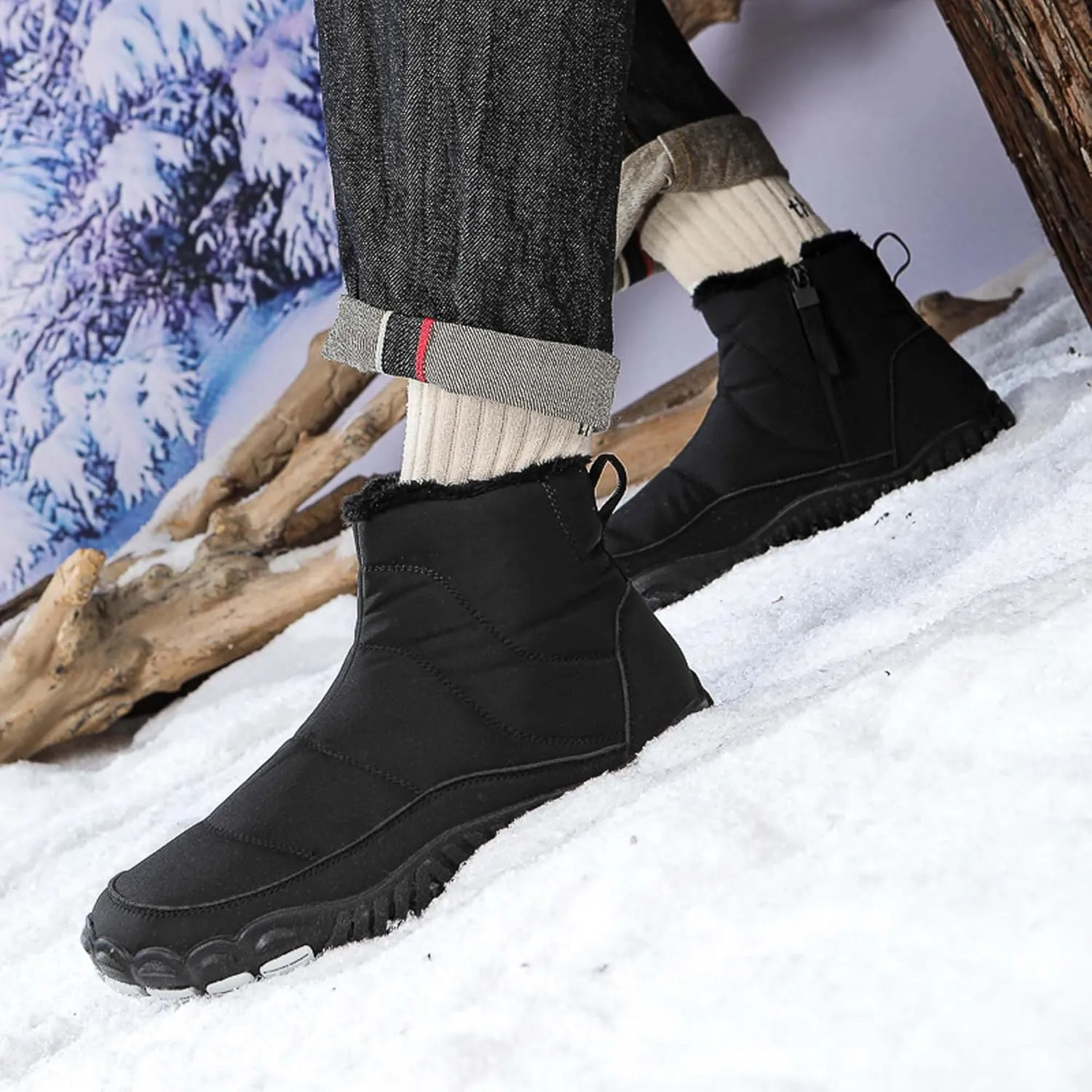 Men Women Winter Snow Boots Waterproof Barefoot Boots Fur Lining Warm Ankle Boots Anti Slip Barefoot Hiking Shoes Women Outdoor Winter Waterproof Boots