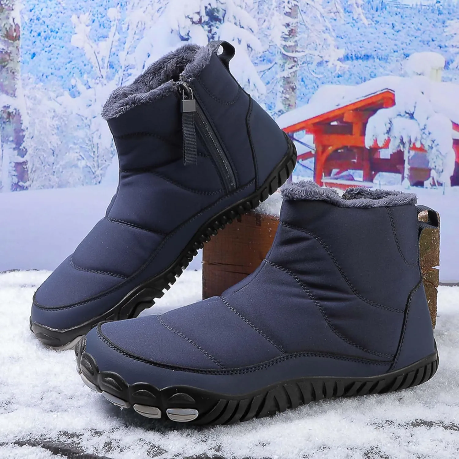 Men Women Winter Snow Boots Waterproof Barefoot Boots Fur Lining Warm Ankle Boots Anti Slip Barefoot Hiking Shoes Women Outdoor Winter Waterproof Boots