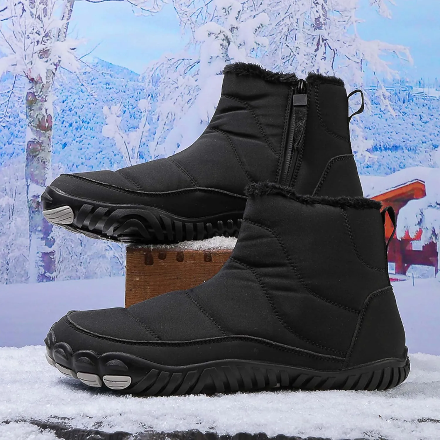 Men Women Winter Snow Boots Waterproof Barefoot Boots Fur Lining Warm Ankle Boots Anti Slip Barefoot Hiking Shoes Women Outdoor Winter Waterproof Boots