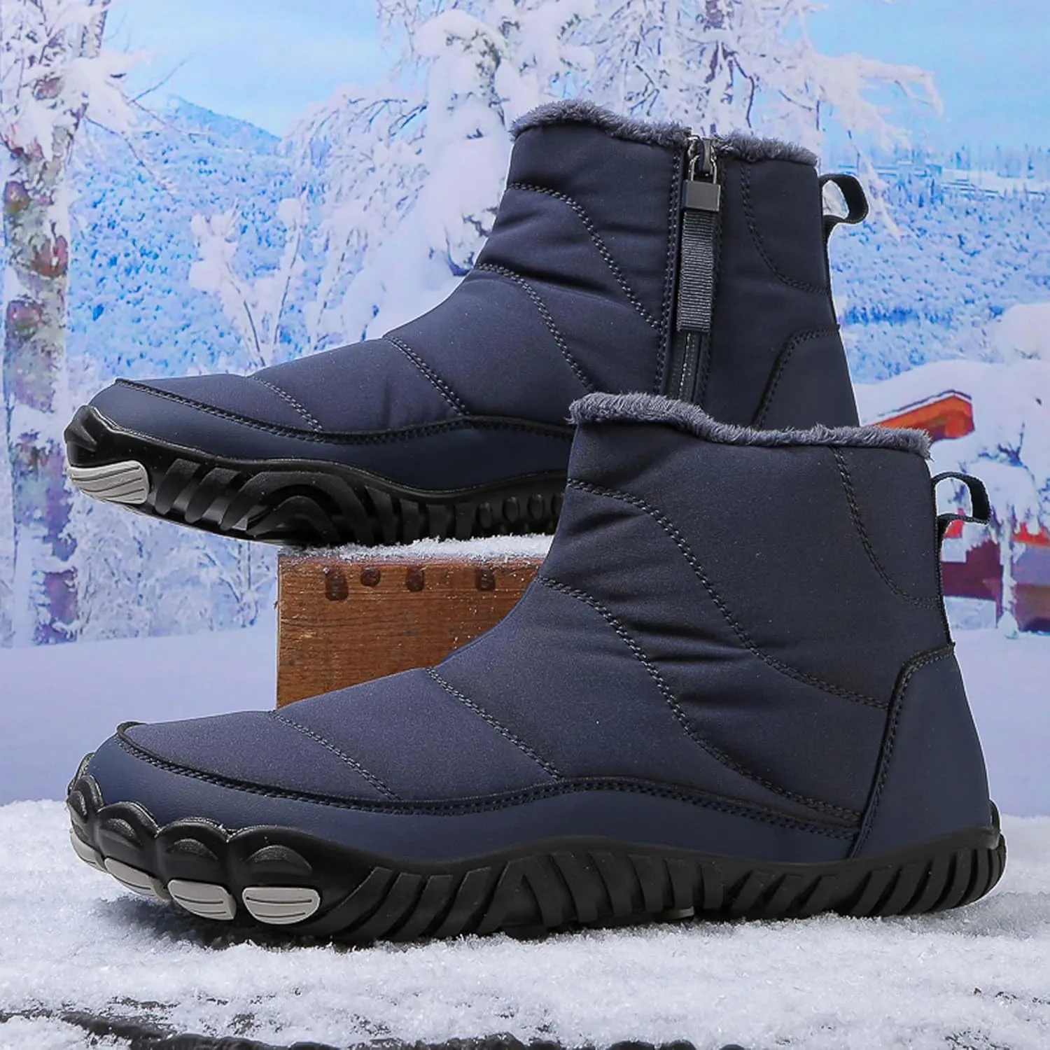 Men Women Winter Snow Boots Waterproof Barefoot Boots Fur Lining Warm Ankle Boots Anti Slip Barefoot Hiking Shoes Women Outdoor Winter Waterproof Boots
