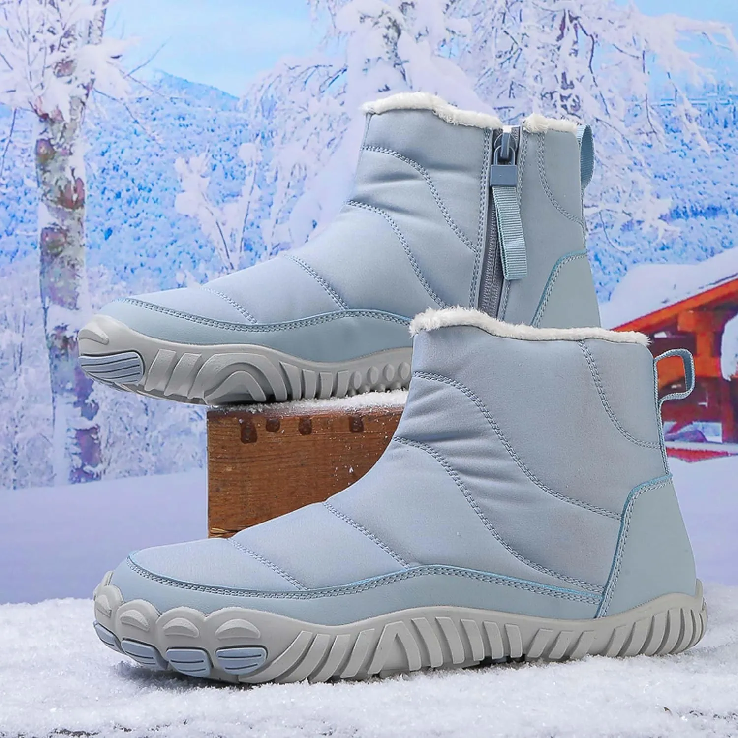 Men Women Winter Snow Boots Waterproof Barefoot Boots Fur Lining Warm Ankle Boots Anti Slip Barefoot Hiking Shoes Women Outdoor Winter Waterproof Boots