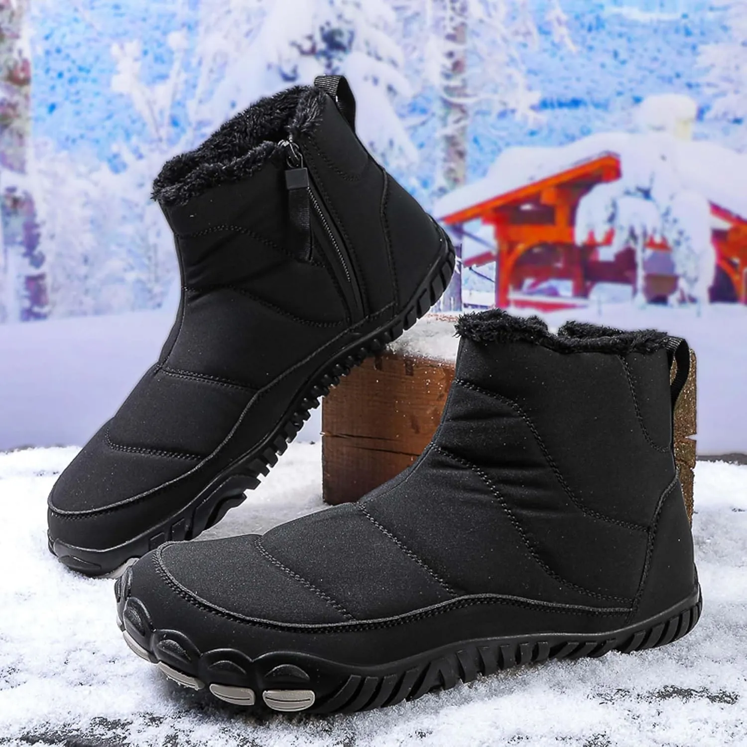 Men Women Winter Snow Boots Waterproof Barefoot Boots Fur Lining Warm Ankle Boots Anti Slip Barefoot Hiking Shoes Women Outdoor Winter Waterproof Boots