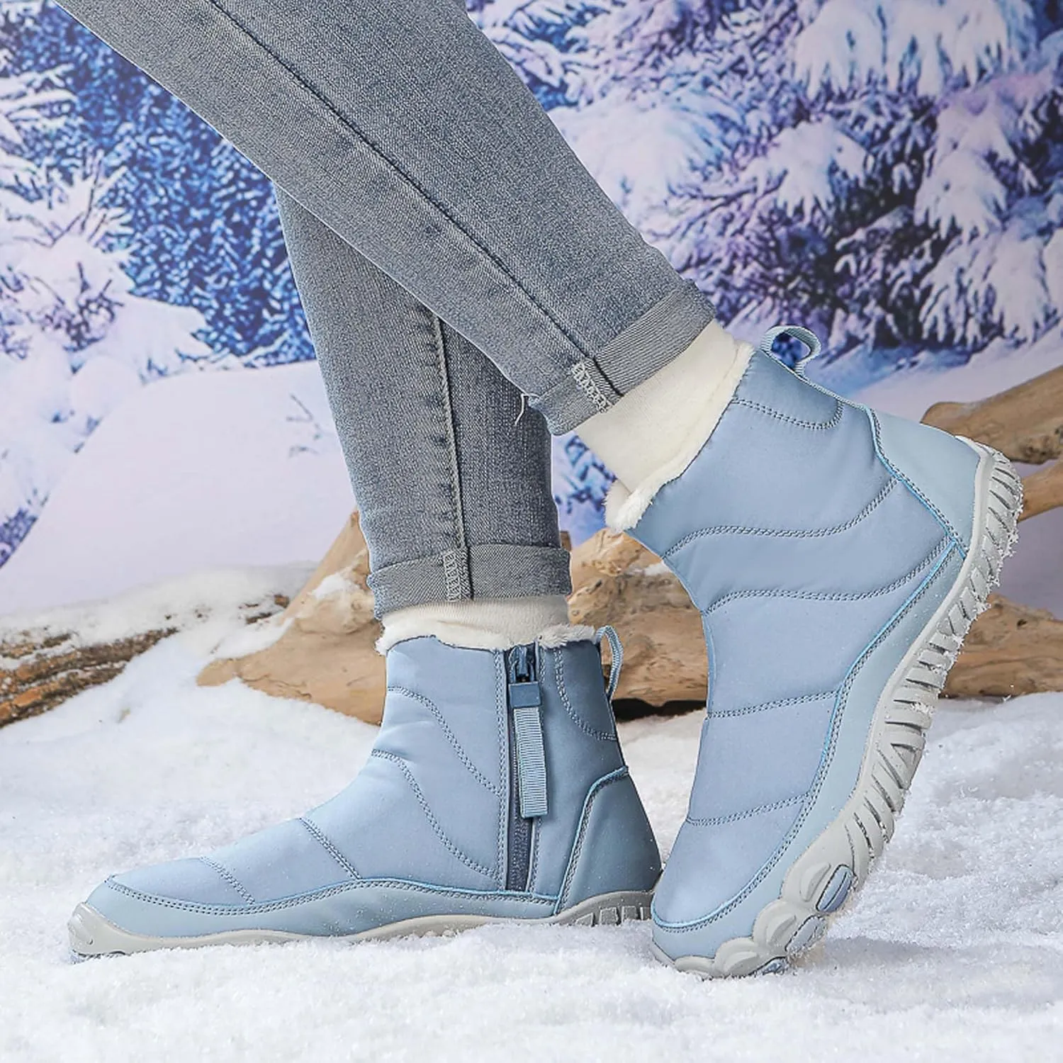 Men Women Winter Snow Boots Waterproof Barefoot Boots Fur Lining Warm Ankle Boots Anti Slip Barefoot Hiking Shoes Women Outdoor Winter Waterproof Boots